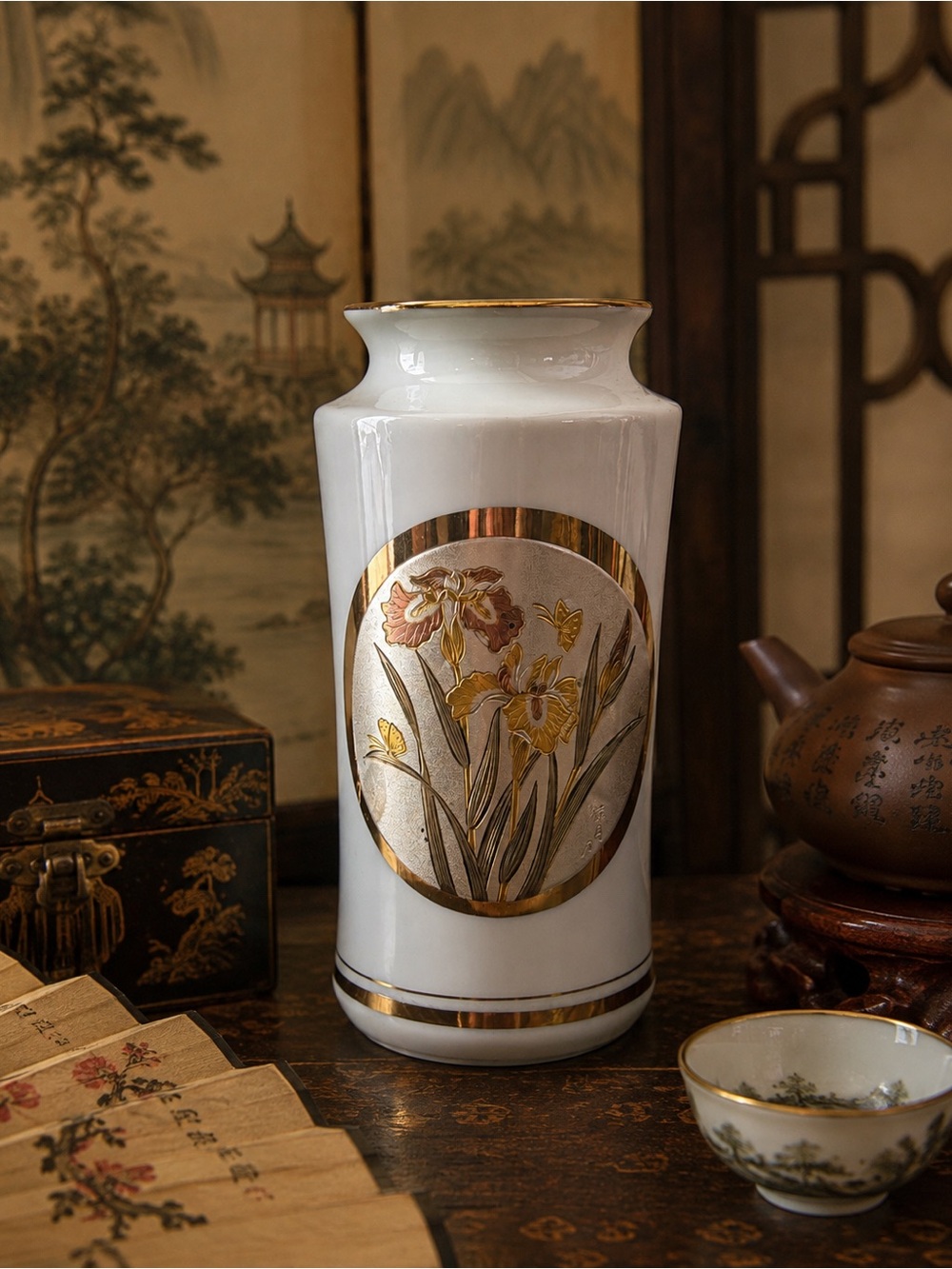 Chokin Art Japan 24K Gold Gilded Porcelain Vase Iris Butterfly Floral Decorative